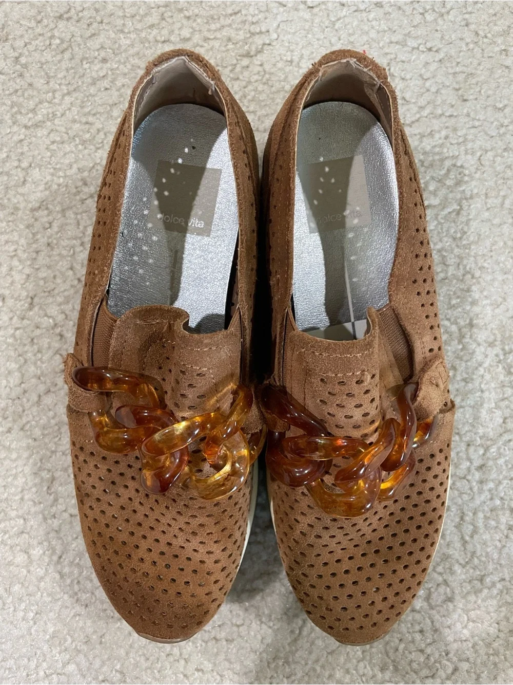 Dolce Vita Tan Suede Platform Slip-On Loafers with Amber Chain